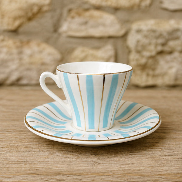 Tasse à café ancienne DIGOIN FRANCE modèle rayé bleu et or numérotée 9599