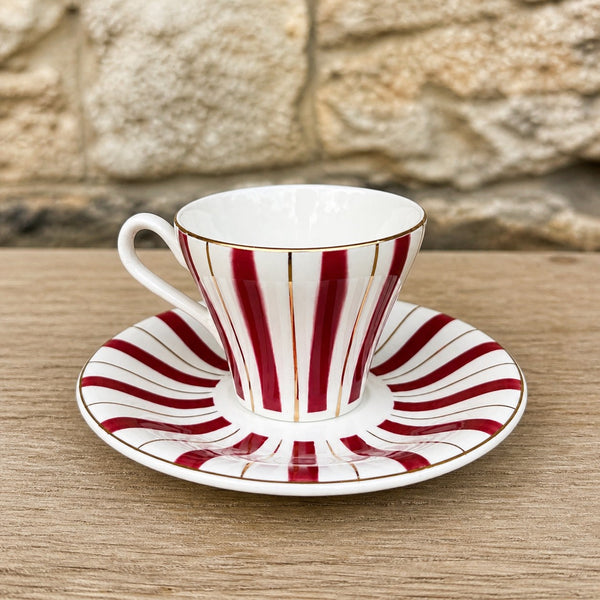 Tasse à café ancienne DIGOIN FRANCE modèle rayé bordeaux et or numérotée 9599