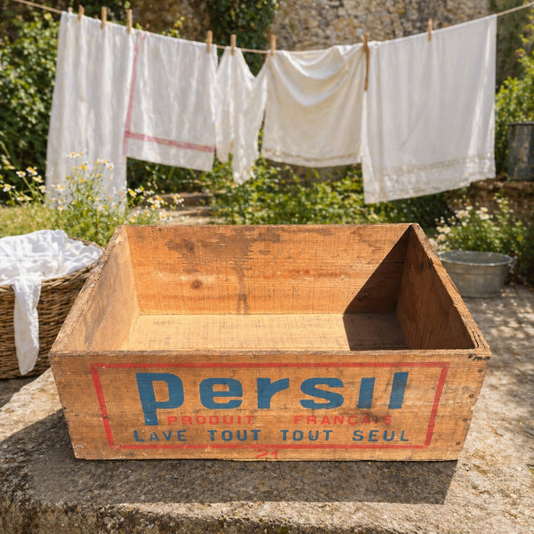 Caisse d'épicerie ancienne publicitaire lessive Persil – bois patiné
