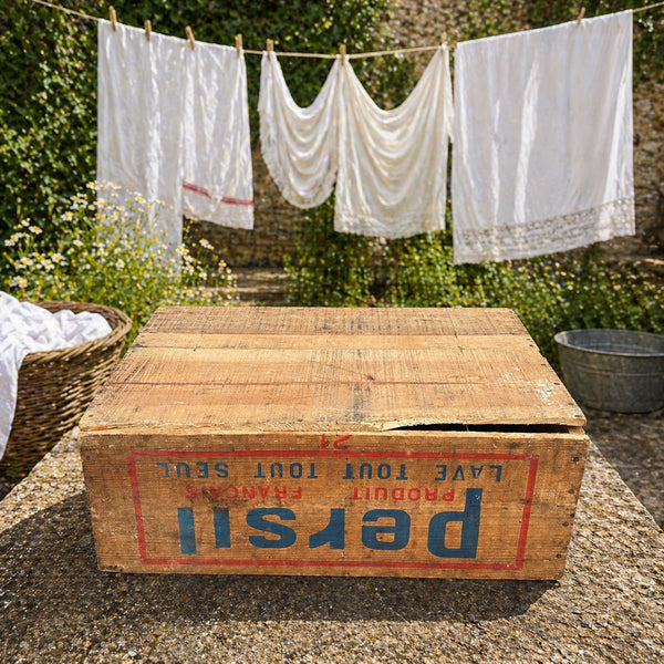 Caisse d'épicerie ancienne publicitaire lessive Persil – bois patiné