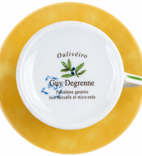 Tasse à café et sa soucoupe Guy Degrenne Oulivéiro en porcelaine jaune – Décor olivier