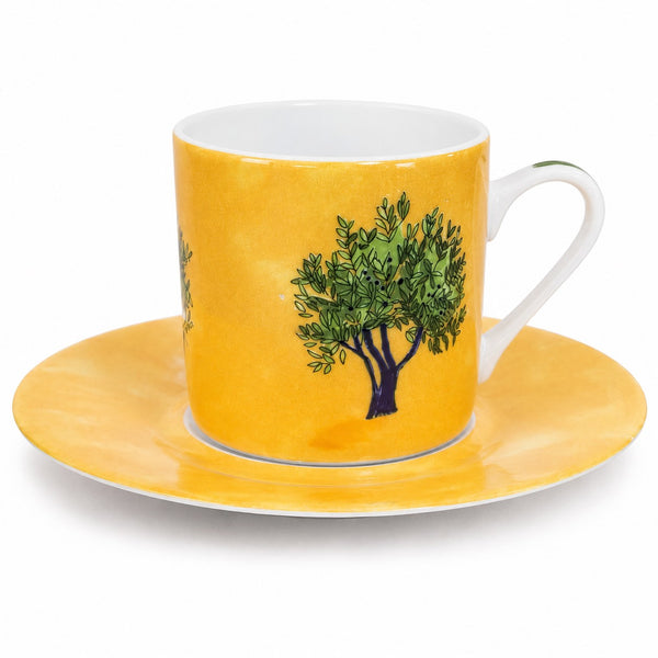 Tasse à café et sa soucoupe Guy Degrenne Oulivéiro en porcelaine jaune – Décor olivier