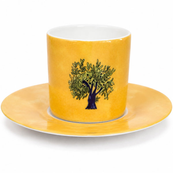 Tasse à café et sa soucoupe Guy Degrenne Oulivéiro en porcelaine jaune – Décor olivier