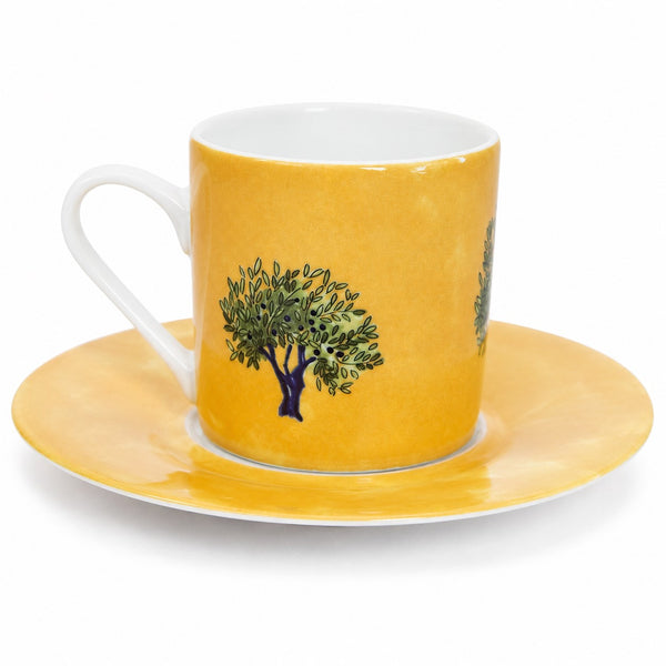 Tasse à café et sa soucoupe Guy Degrenne Oulivéiro en porcelaine jaune – Décor olivier