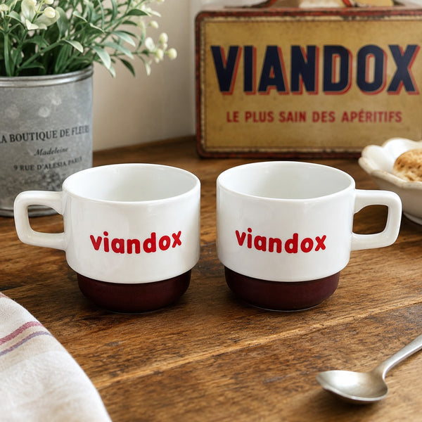 Paire de tasses publicitaires Viandox empilables – Faïence – Années 1970-1980