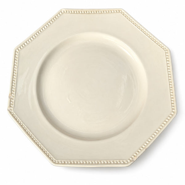 Assiette plate octogonale ancienne en faïence ivoire de Sarreguemines à bord perlé, vers 1920-1950