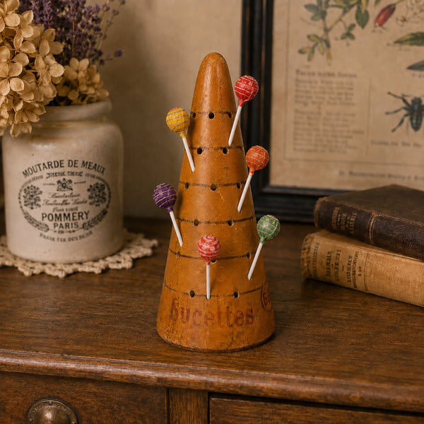 Présentoir à sucettes publicitaire ancien en bois Becco – H. 22 cm