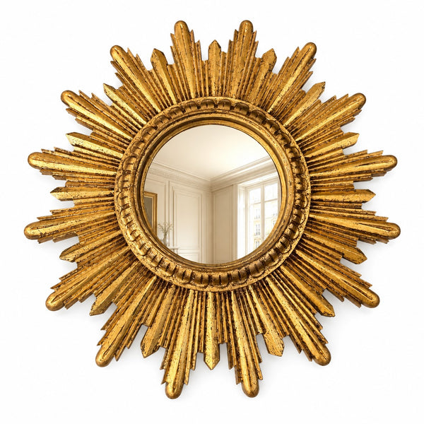 Miroir œil de sorcière convexe soleil doré en bois Ø 31,5 cm – vintage vers 1960-1975