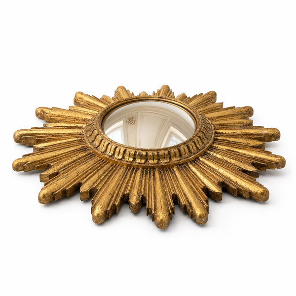 Miroir œil de sorcière convexe soleil doré en bois Ø 31,5 cm – vintage vers 1960-1975