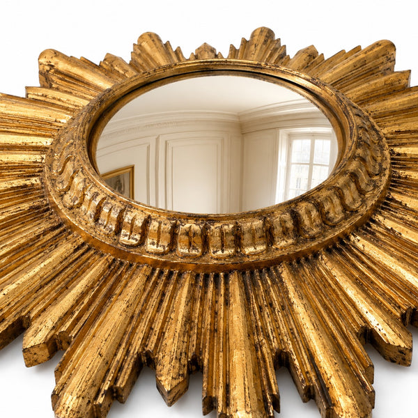 Miroir œil de sorcière convexe soleil doré en bois Ø 31,5 cm – vintage vers 1960-1975