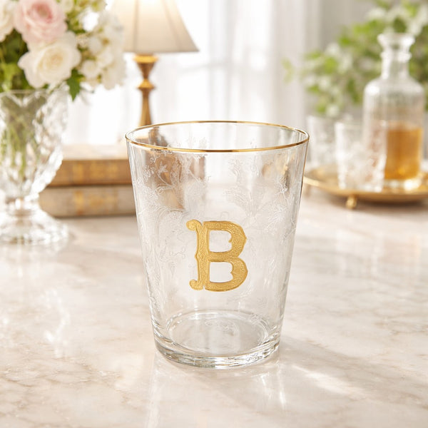 Verre / gobelet ancien en cristal soufflé gravé et émaillé – Initiale B – XIXe siècle
