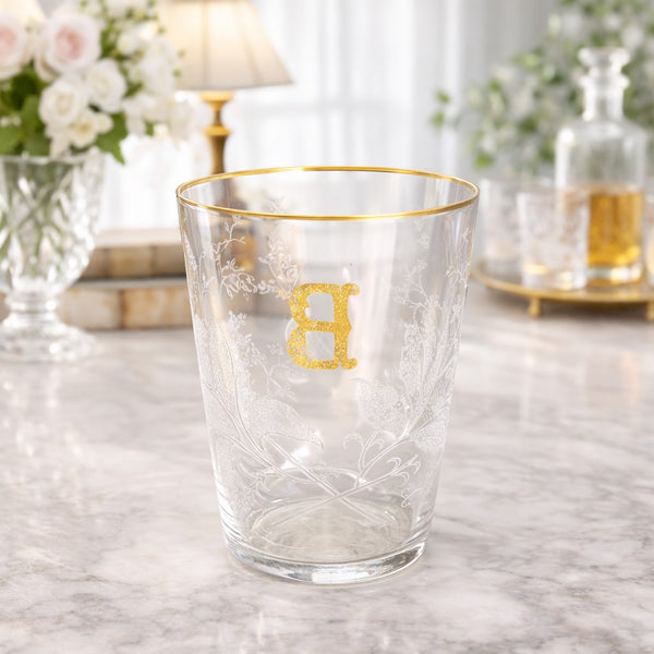 Verre / gobelet ancien en cristal soufflé gravé et émaillé – Initiale B – XIXe siècle