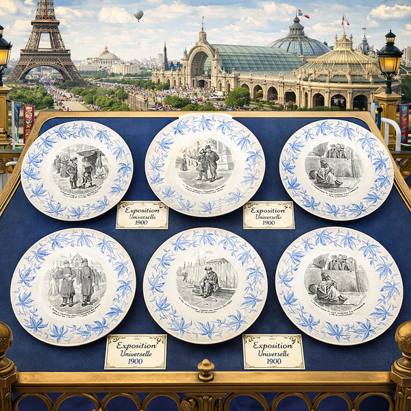 Lot de 6 assiettes parlantes anciennes – Exposition Universelle 1900 – Sarreguemines – Décor bleu et scènes humoristiques