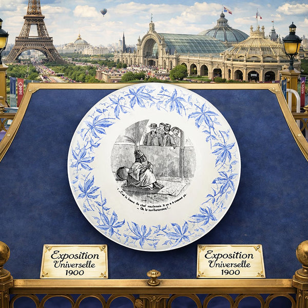 Lot de 6 assiettes parlantes anciennes – Exposition Universelle 1900 – Sarreguemines – Décor bleu et scènes humoristiques