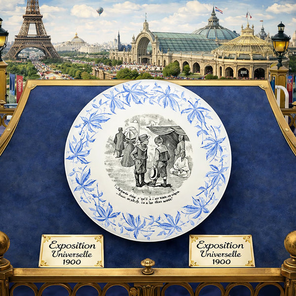 Lot de 6 assiettes parlantes anciennes – Exposition Universelle 1900 – Sarreguemines – Décor bleu et scènes humoristiques