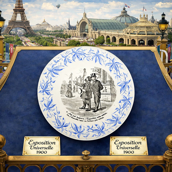 Lot de 6 assiettes parlantes anciennes – Exposition Universelle 1900 – Sarreguemines – Décor bleu et scènes humoristiques