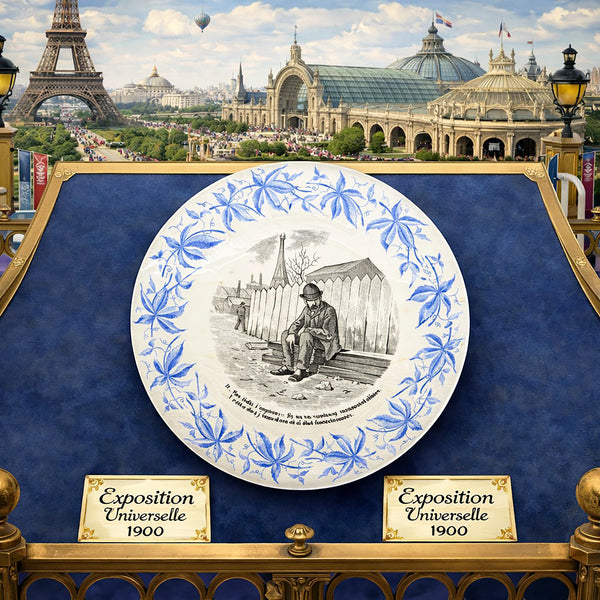 Lot de 6 assiettes parlantes anciennes – Exposition Universelle 1900 – Sarreguemines – Décor bleu et scènes humoristiques