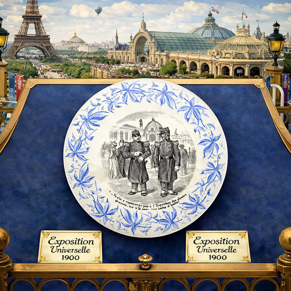 Lot de 6 assiettes parlantes anciennes – Exposition Universelle 1900 – Sarreguemines – Décor bleu et scènes humoristiques