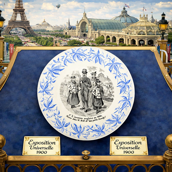 Lot de 6 assiettes parlantes anciennes – Exposition Universelle 1900 – Sarreguemines – Décor bleu et scènes humoristiques