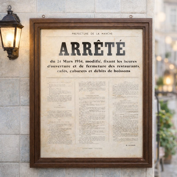 Panneau ancien encadré – Affiche arrêté préfectoral – Horaires de bistrot, bar et restaurant – Saint-Lô, Manche, 1934