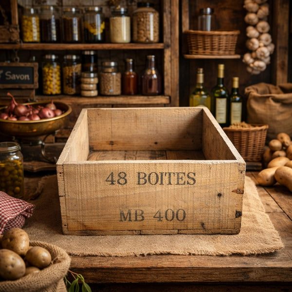 Caisse en bois ancienne d’épicerie – Lait Mont Blanc – pour 48 Boîtes / MB 400