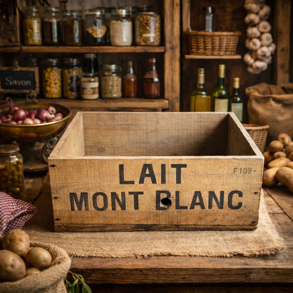 Caisse en bois ancienne d’épicerie – Lait Mont Blanc – pour 48 Boîtes / MB 400