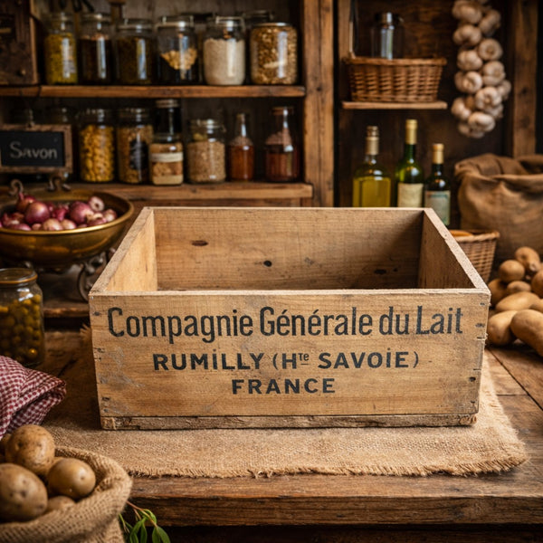 Caisse en bois ancienne d’épicerie – Lait Mont Blanc – pour 48 Boîtes / MB 400