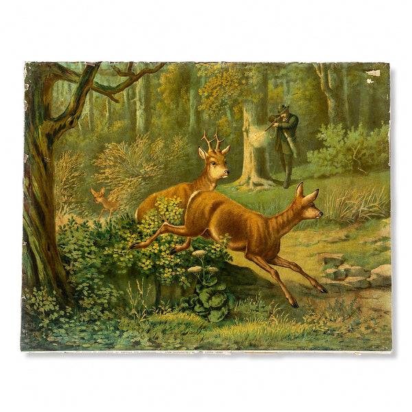 Ancienne affiche publicitaire sur carton Savon Le Chat / scène de chasse au cerf – Fin XIXᵉ siècle