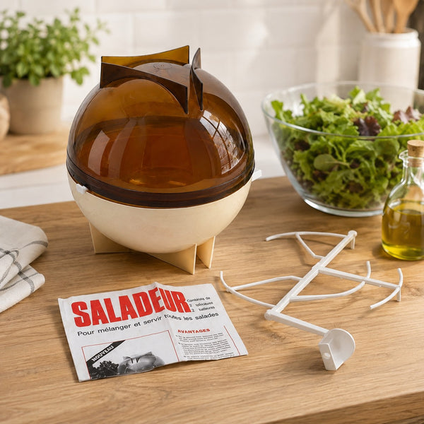 Ancien appareil de cuisine « Saladeur » – saladier double avec système de mélange