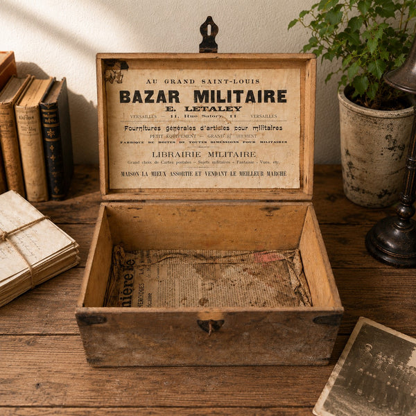 Coffret ancien en bois « Bazar Militaire – E. Letaley » à Versailles – 28 cm x 19 cm x 14 cm