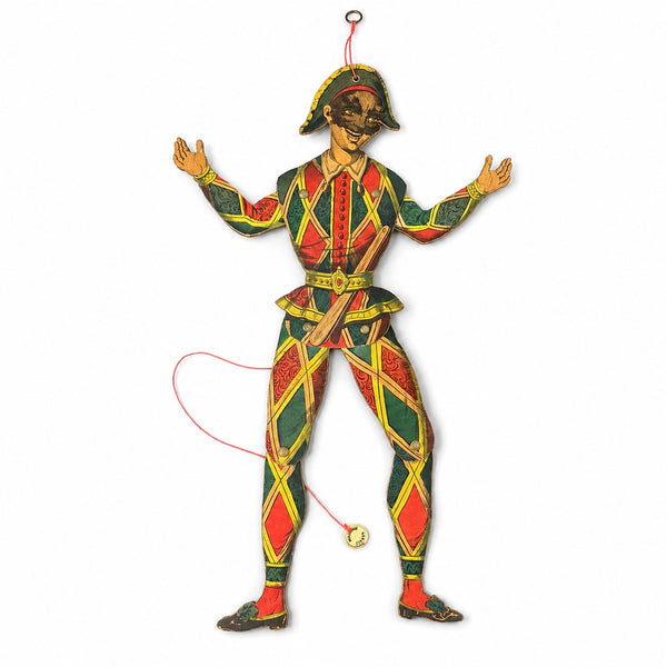 Pantin articulé ancien Arlequin – Imagerie Pellerin d'Épinal – Bois lithographié – 50 cm