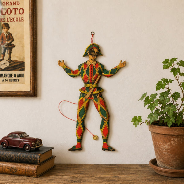 Pantin articulé ancien Arlequin – Imagerie Pellerin d'Épinal – Bois lithographié – 50 cm