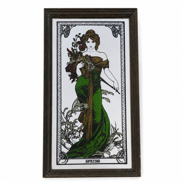 Petit miroir vintage 17,5 x 32,5 cm d'après Alphonse Mucha « Spring », non signé