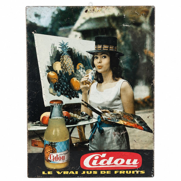 Ancienne plaque publicitaire Cidou – Le vrai jus de fruits – tôle lithographiée
