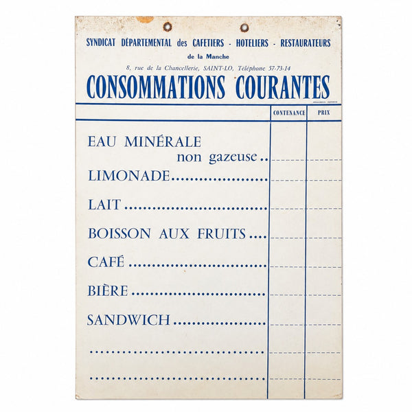 Planche cartonnée des prix “CONSOMMATIONS COURANTES” – Syndicat des Cafetiers (Manche)