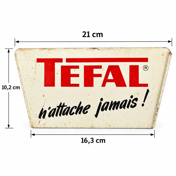 Plaque de présentoir publicitaire ancienne Tefal en tôle lithographiée « n’attache jamais ! »