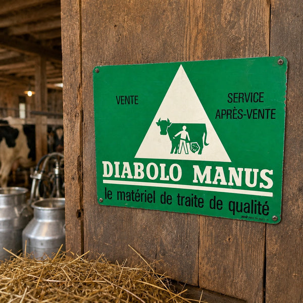 Plaque publicitaire ancienne Diabolo Manus – tôle lithographiée – matériel de traite - Agriculture