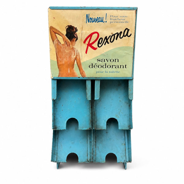 Présentoir publicitaire ancien Rexona en tôle peinte – Distributeur pour savons déodorants – Années 1950