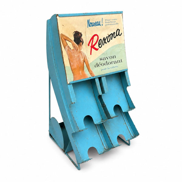 Présentoir publicitaire ancien Rexona en tôle peinte – Distributeur pour savons déodorants – Années 1950
