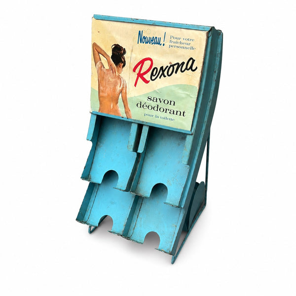 Présentoir publicitaire ancien Rexona en tôle peinte – Distributeur pour savons déodorants – Années 1950