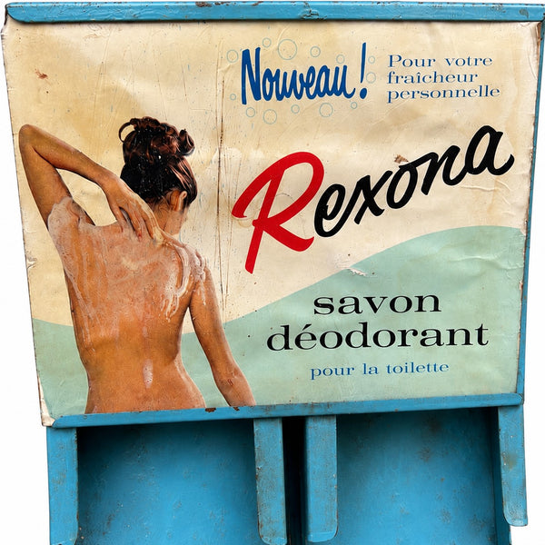 Présentoir publicitaire ancien Rexona en tôle peinte – Distributeur pour savons déodorants – Années 1950