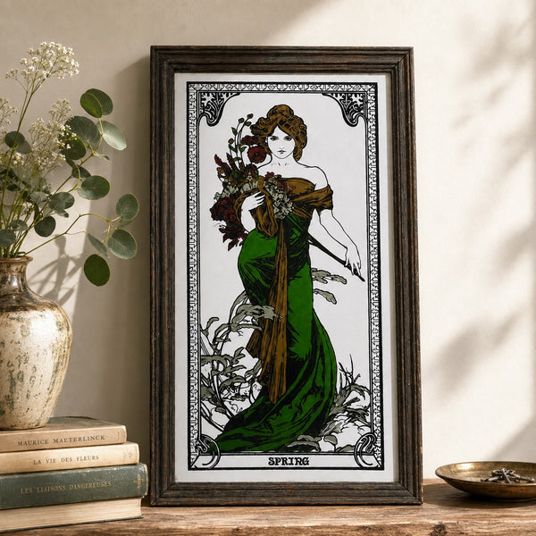 Petit miroir vintage 17,5 x 32,5 cm d'après Alphonse Mucha « Spring », non signé