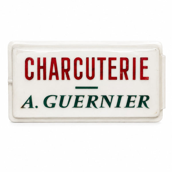 Enseigne ancienne de charcuterie « CHARCUTERIE A. GUERNIER » en plastique recto verso