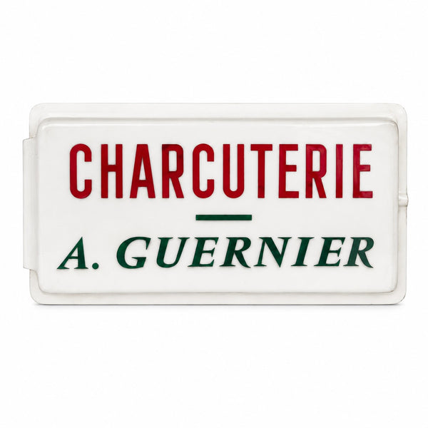 Enseigne ancienne de charcuterie « CHARCUTERIE A. GUERNIER » en plastique recto verso