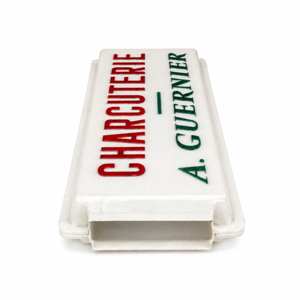 Enseigne ancienne de charcuterie « CHARCUTERIE A. GUERNIER » en plastique recto verso