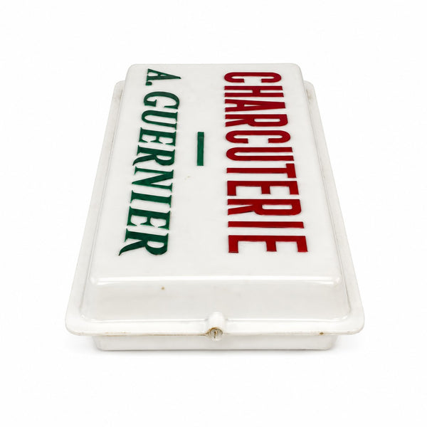 Enseigne ancienne de charcuterie « CHARCUTERIE A. GUERNIER » en plastique recto verso
