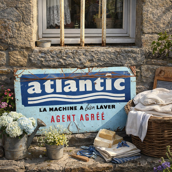 Plaque publicitaire ancienne en tôle Atlantic – Machine à laver – Agent agréé – Années 50/60