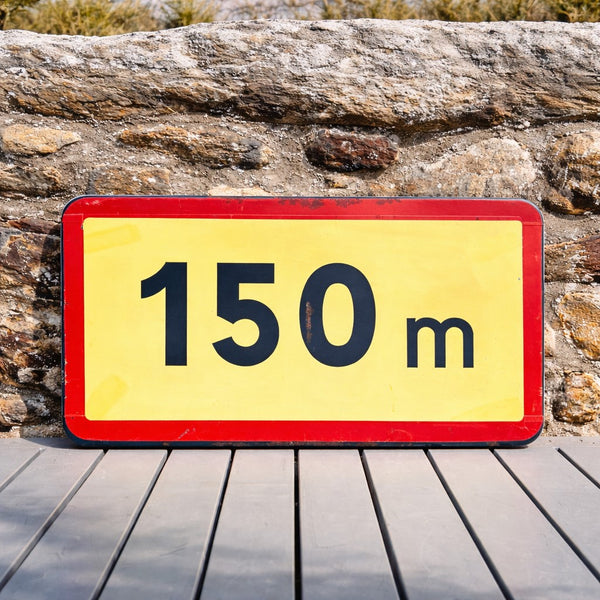 Panneau de signalisation ancien en tôle émaillée “150 m” à lettrage bleu marine