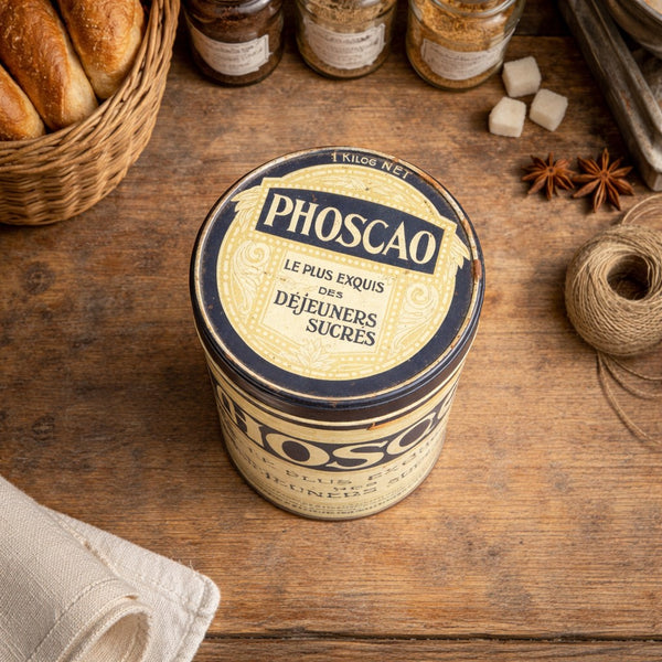 Boîte ancienne PHOSCAO en tôle lithographiée – Déjeuners sucrés