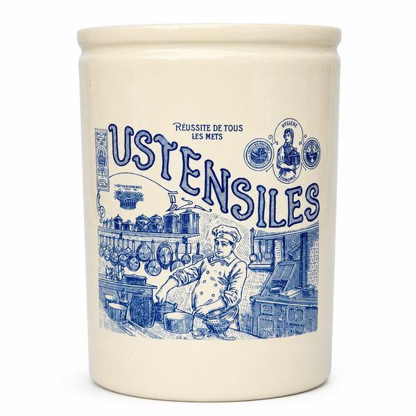 Pot à ustensiles de cuisine en céramique décor « Ustensiles » bleu – Style Comptoir de Famille – Le Comptoir Pain d'Épices